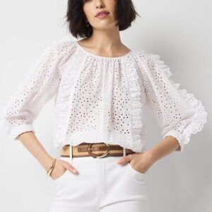 White House Black Market Eyelet and Ruffle Blouse White XL